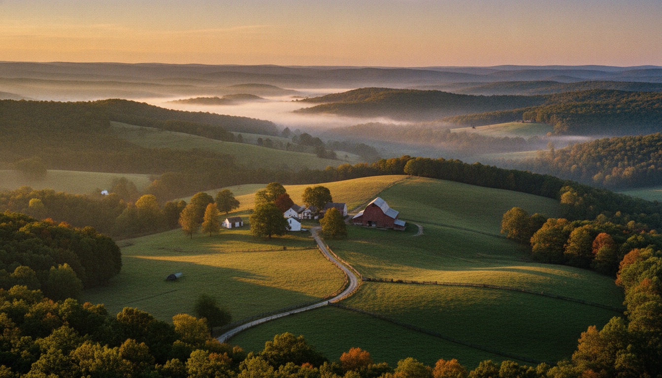 Rolling Appalachian foothills of Maryland and Virginia at golden hour with mist