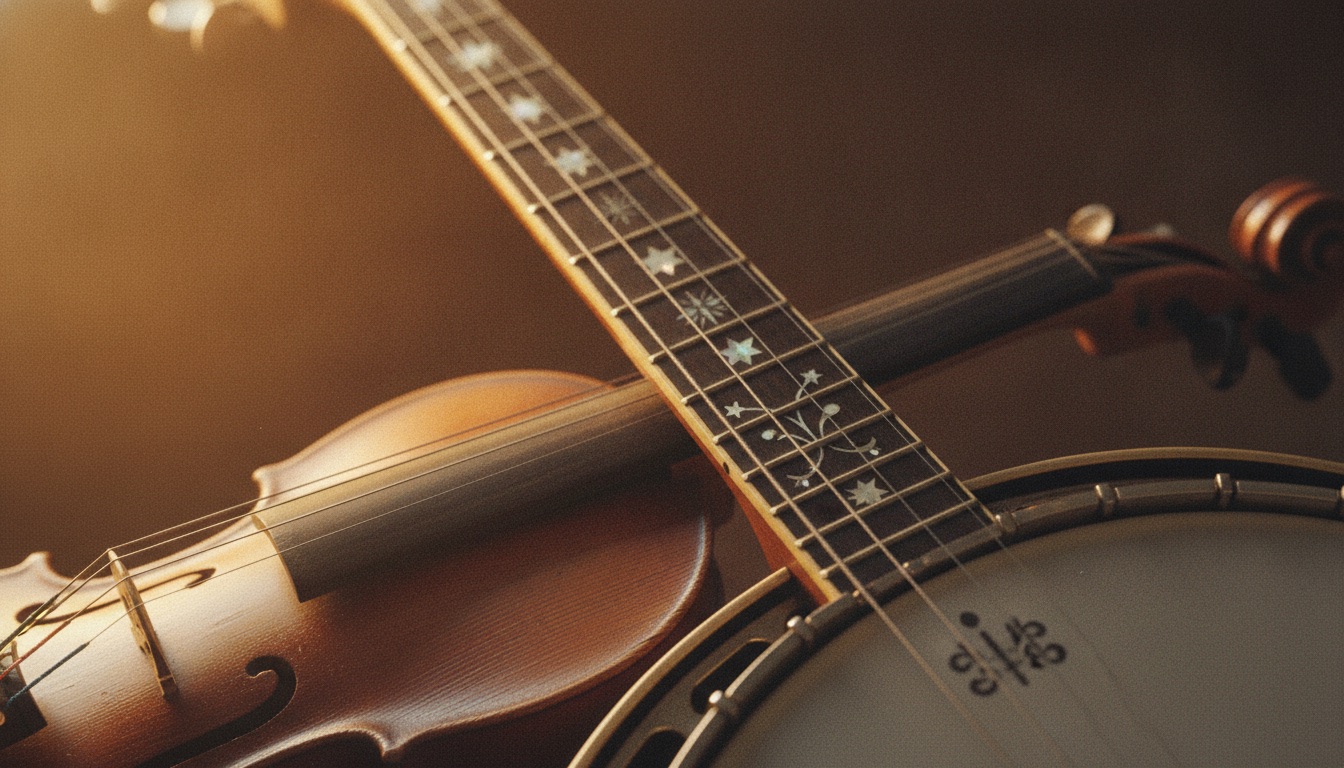 A fiddle and a banjo neck overlapping in warm light