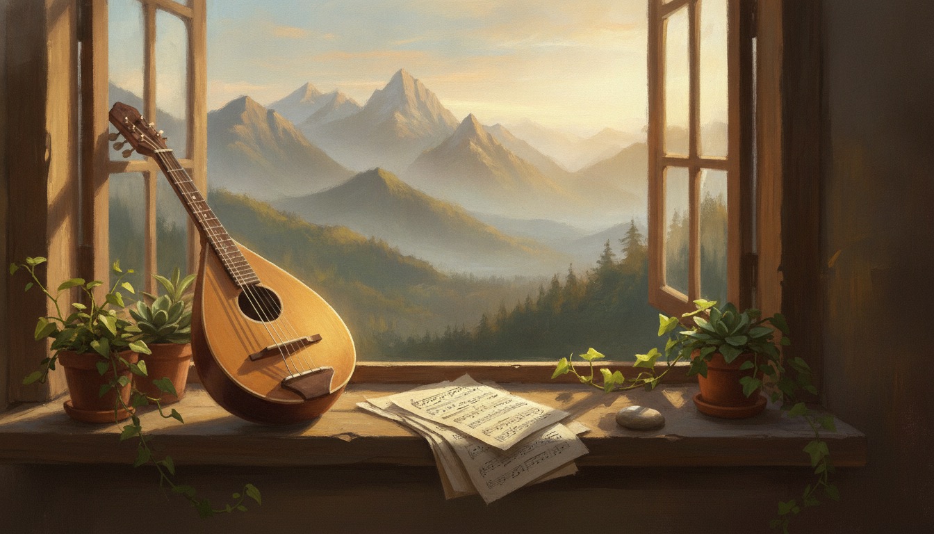 A sunlit open window with a mountain dulcimer and handwritten sheet music on the sill, houseplants in warm morning light