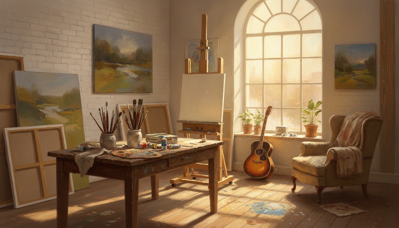 A bright painter's studio with canvases, brushes, and an acoustic guitar leaning by a window in warm light