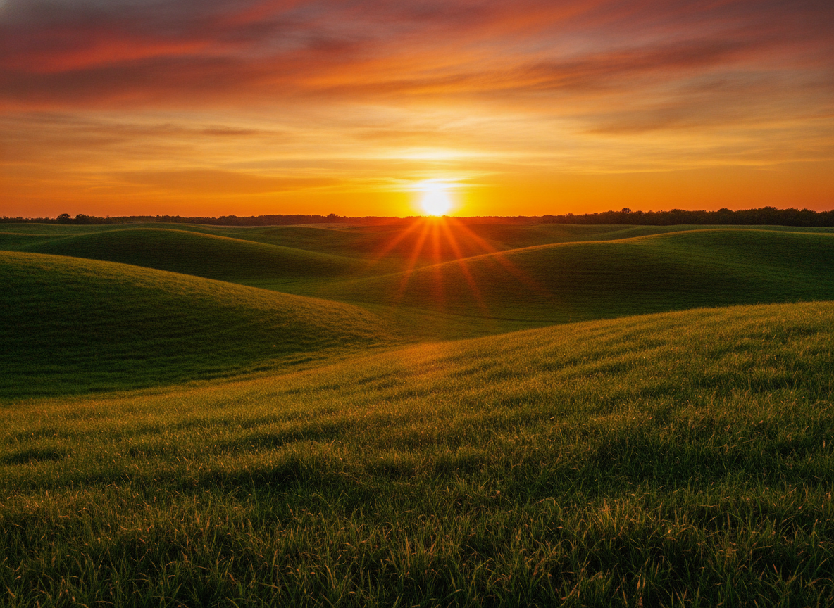 Rolling Kentucky bluegrass fields at golden hour under a wide warm sky