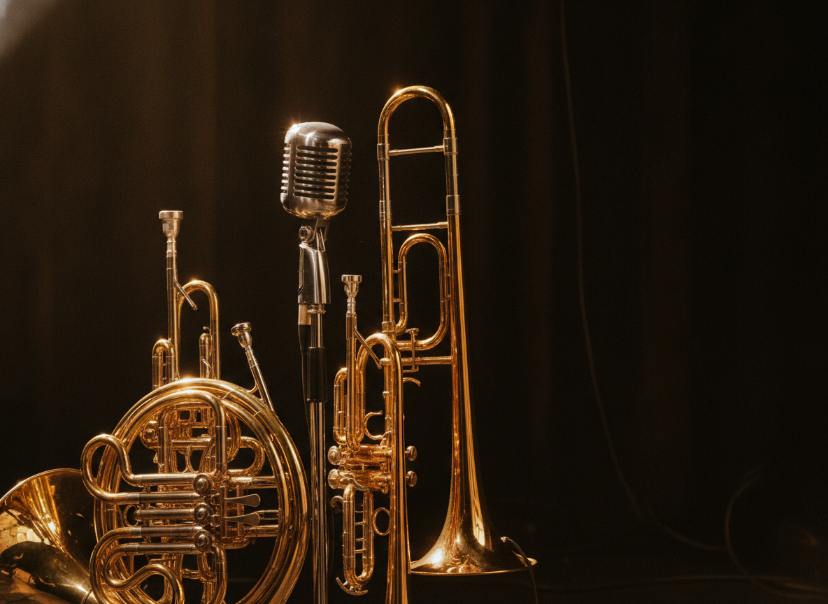 Brass horns and a vintage microphone glowing under warm gold stage light against a dark backdrop