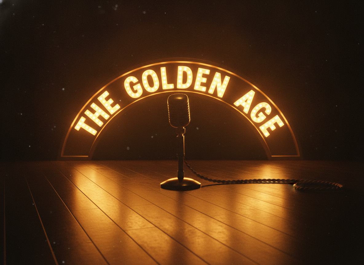 A warm gold stage marquee and vintage microphone glowing under amber light against a dark backdrop