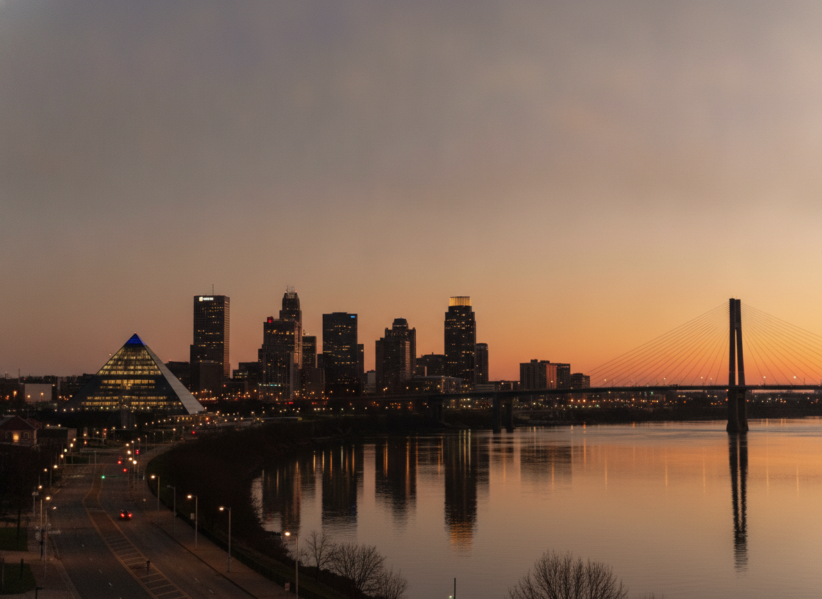 A Memphis skyline at dusk under a muted blue-violet sky with warm light on the horizon