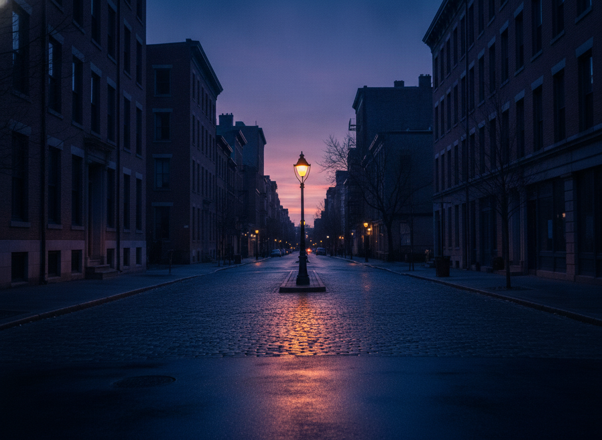 A quiet city street at dusk washed in muted blue-violet light with a single distant streetlamp
