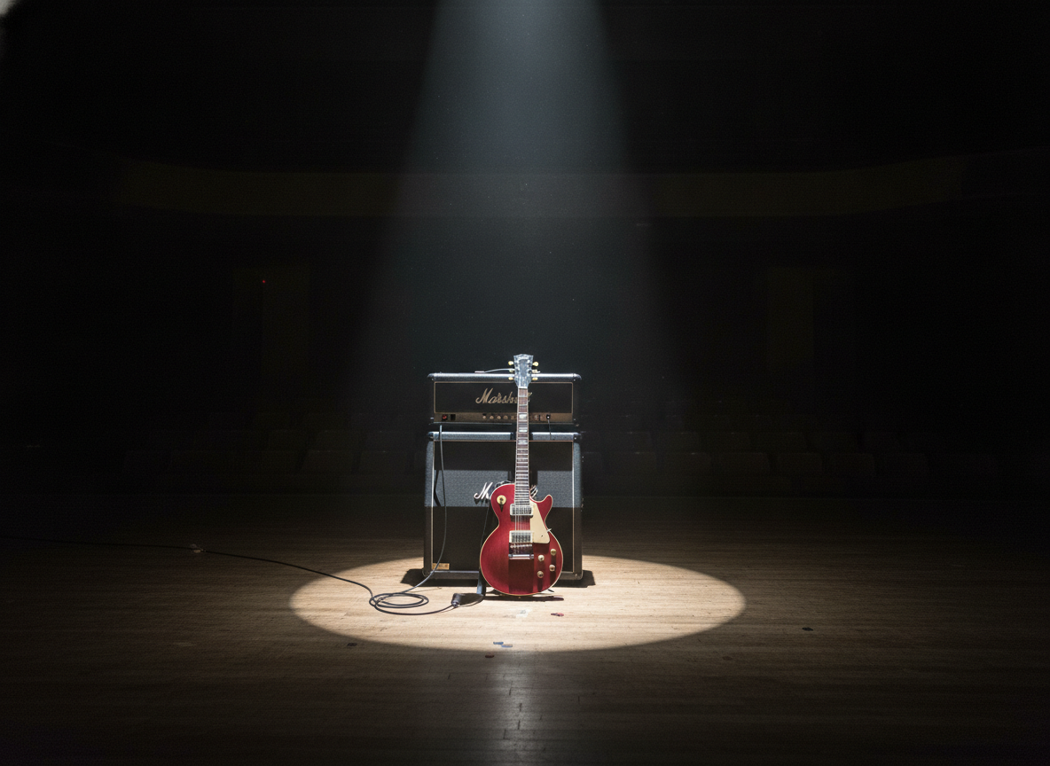 A bare stage lit by a single spotlight with one electric guitar and an amplifier against deep shadow