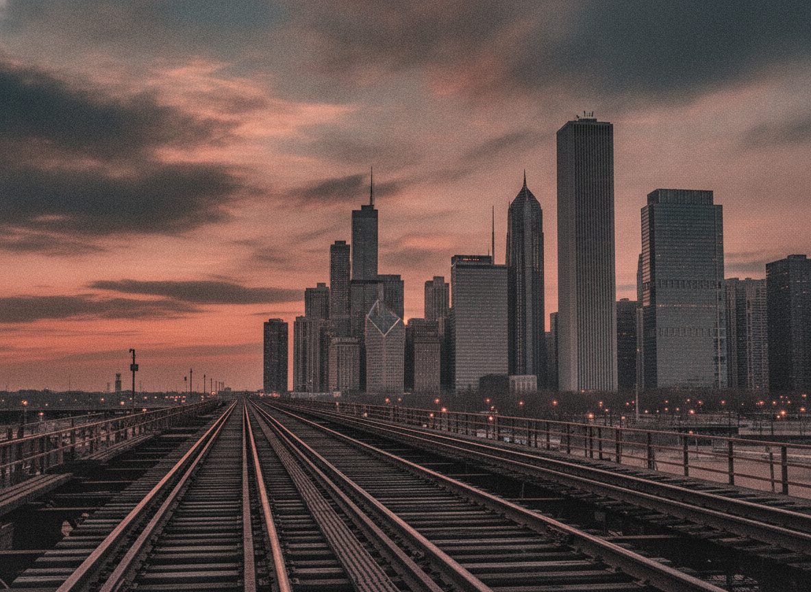 A weathered Chicago skyline at dusk seen across empty elevated train tracks under a bruised sky