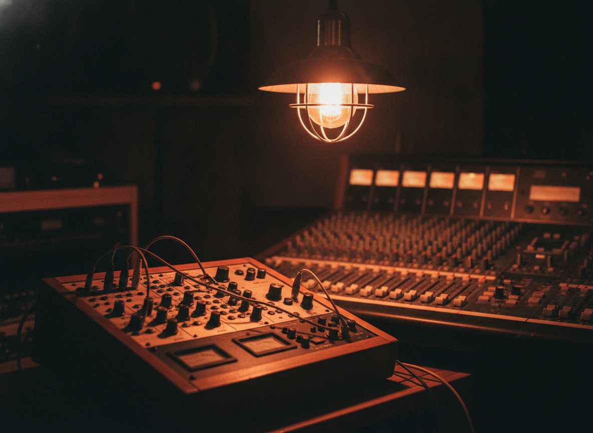 A vintage sampler and mixing console glowing under a single warm studio lamp in a dark room