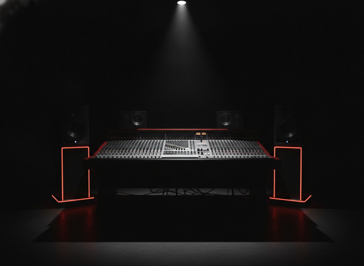 A stark studio mixing desk and monitor speakers lit by a single hard light against deep shadow