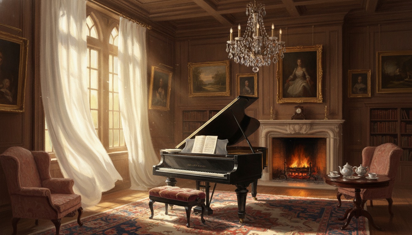 An old English manor drawing room with a grand piano and flowing white curtains in a warm shaft of light