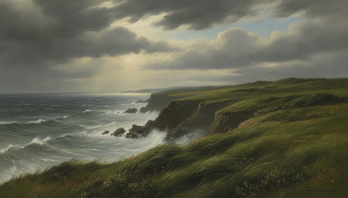 A windswept green cliff above a grey churning sea under a dramatic sky, romantic and wild