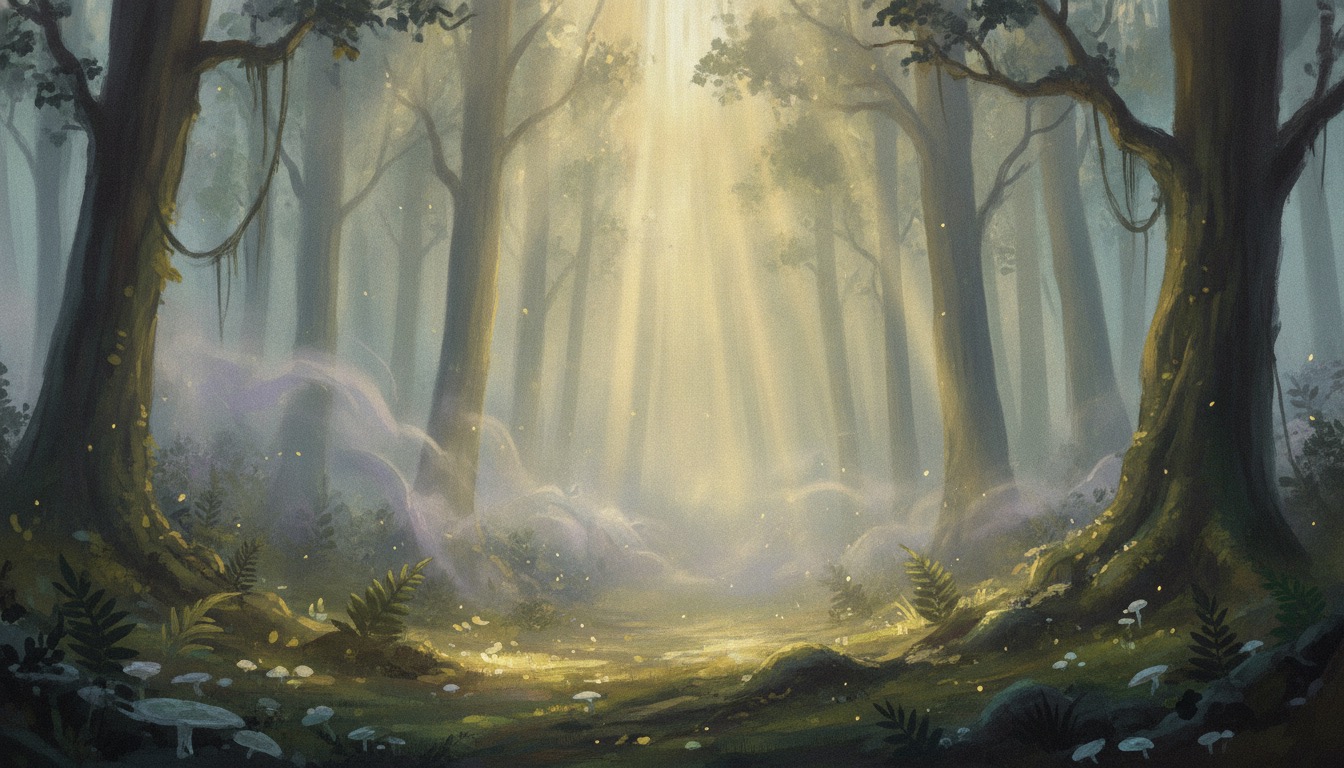 A dreamlike misty forest with shafts of golden light through tall trees, magical and still