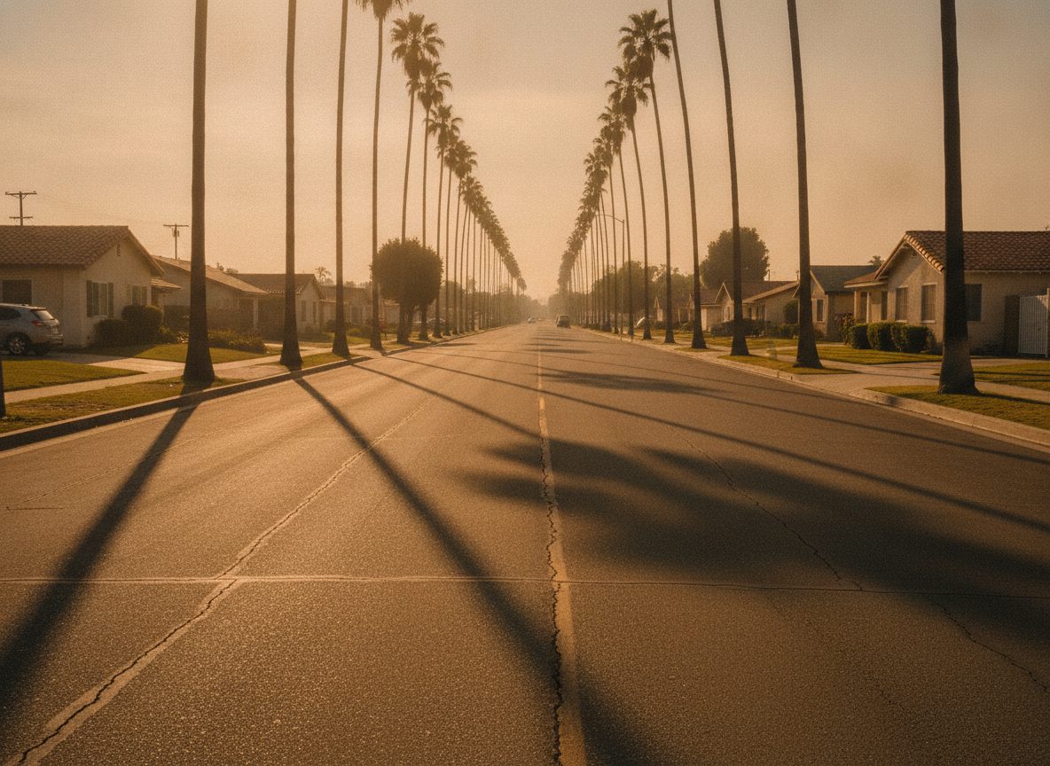 A wide empty Compton street at golden hour with low houses, palm trees, and long shadows