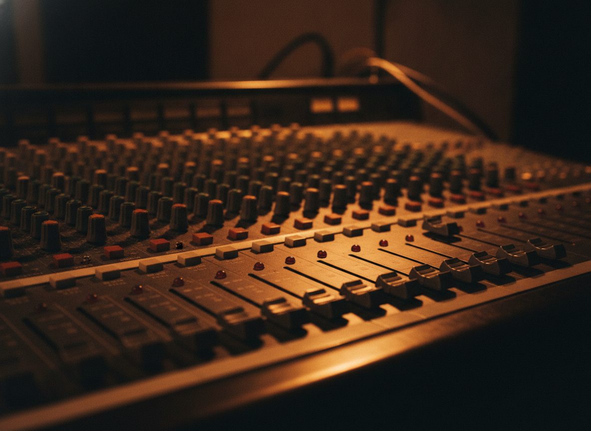 A vintage mixing console with glowing faders and warm amber light in a darkened studio