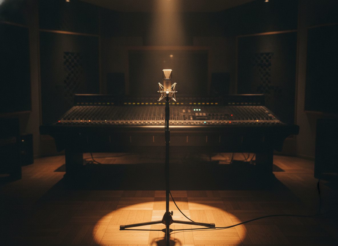 A dim recording studio with a single microphone lit by warm light against a shadowed control room