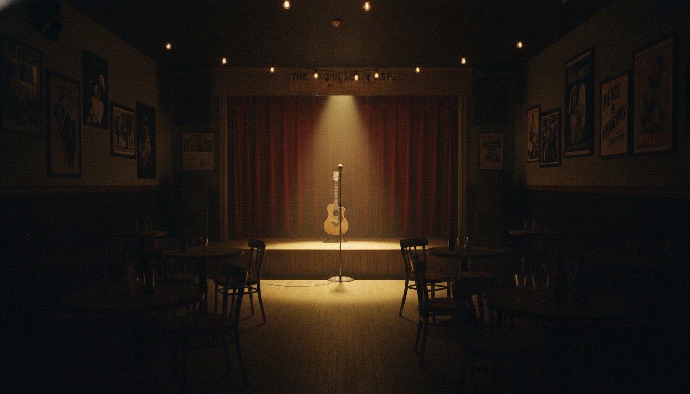A 1960s Los Angeles folk club interior at night with a small stage and single warm spotlight