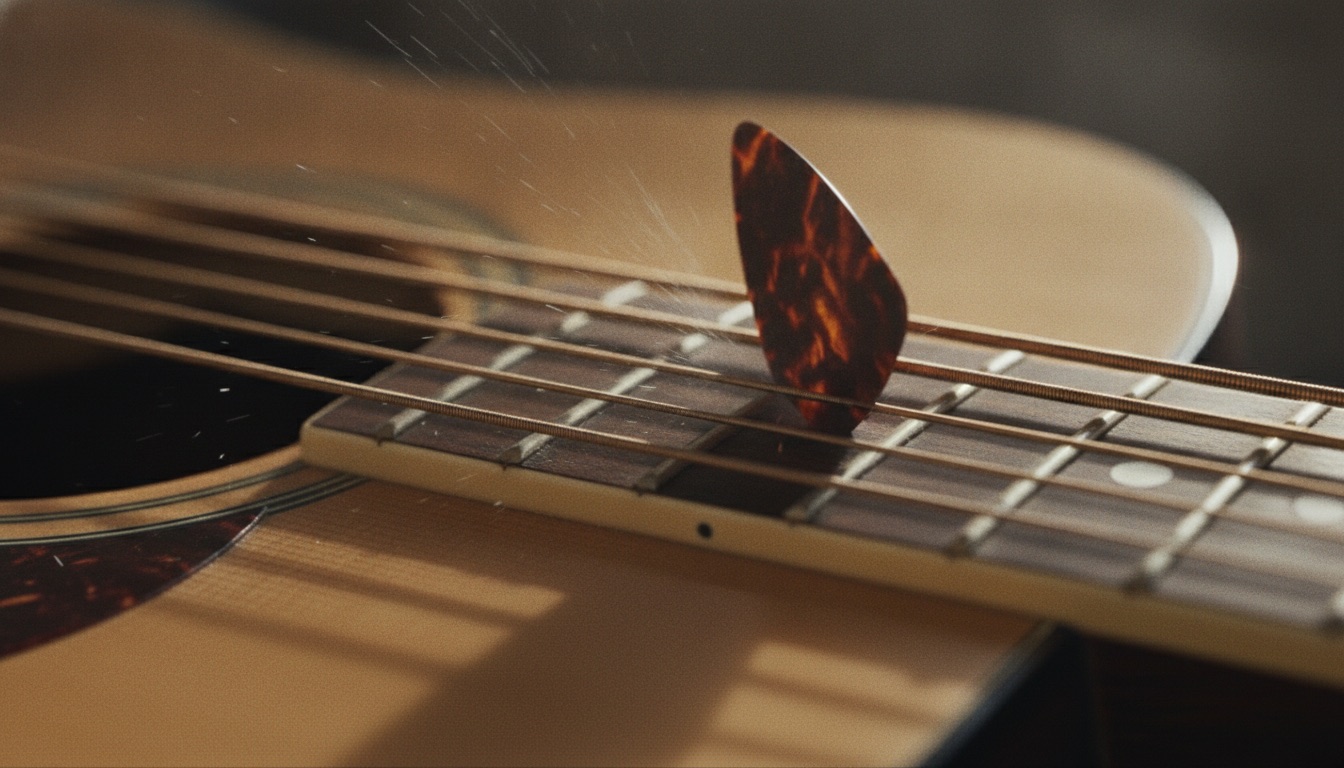 A flatpick striking the strings of a vintage dreadnought acoustic guitar in warm light
