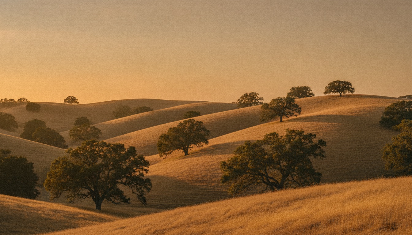 Golden California hills at sunset with scattered oaks in warm nostalgic light