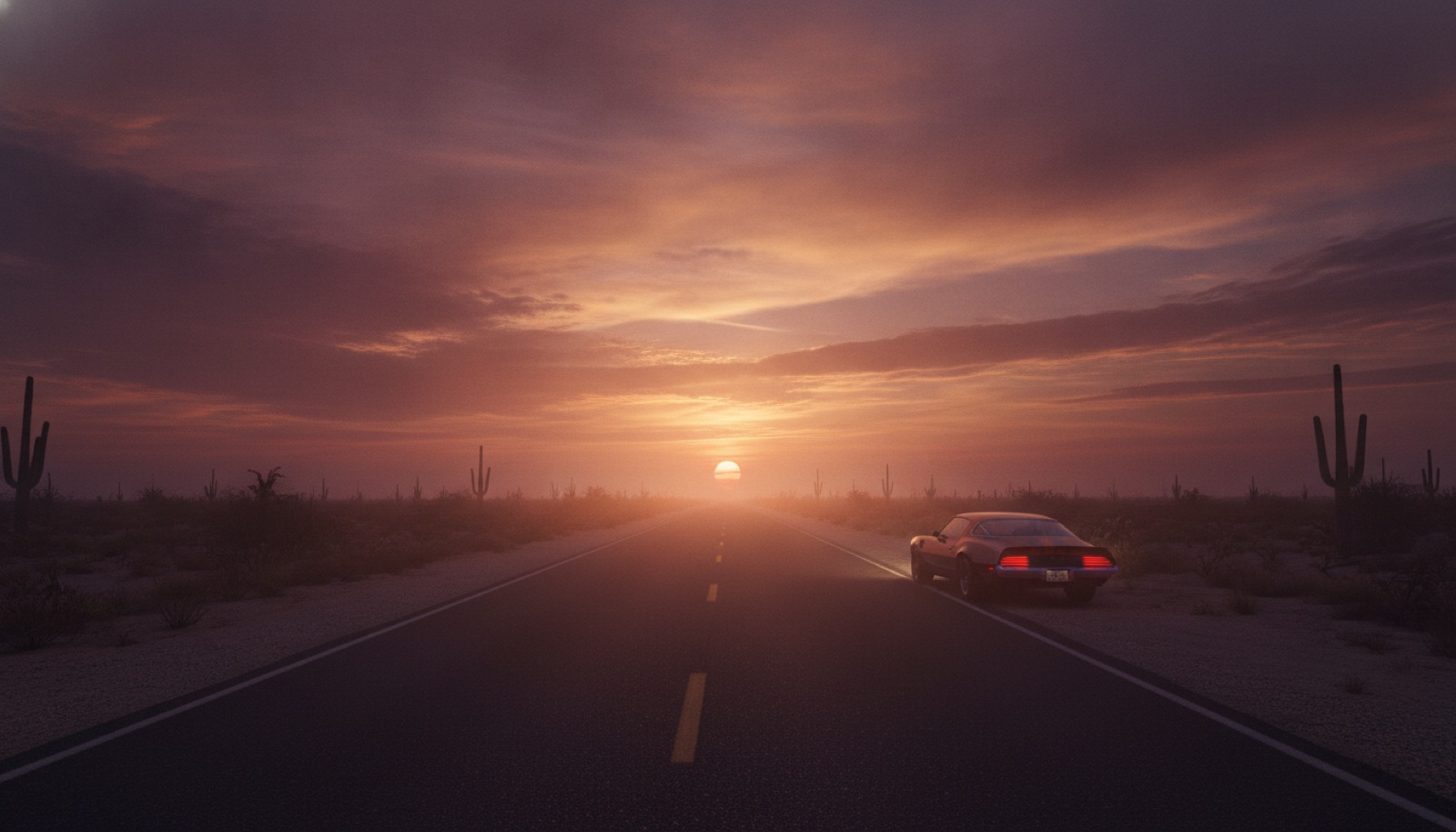 A lonely desert highway stretching toward the horizon at dusk