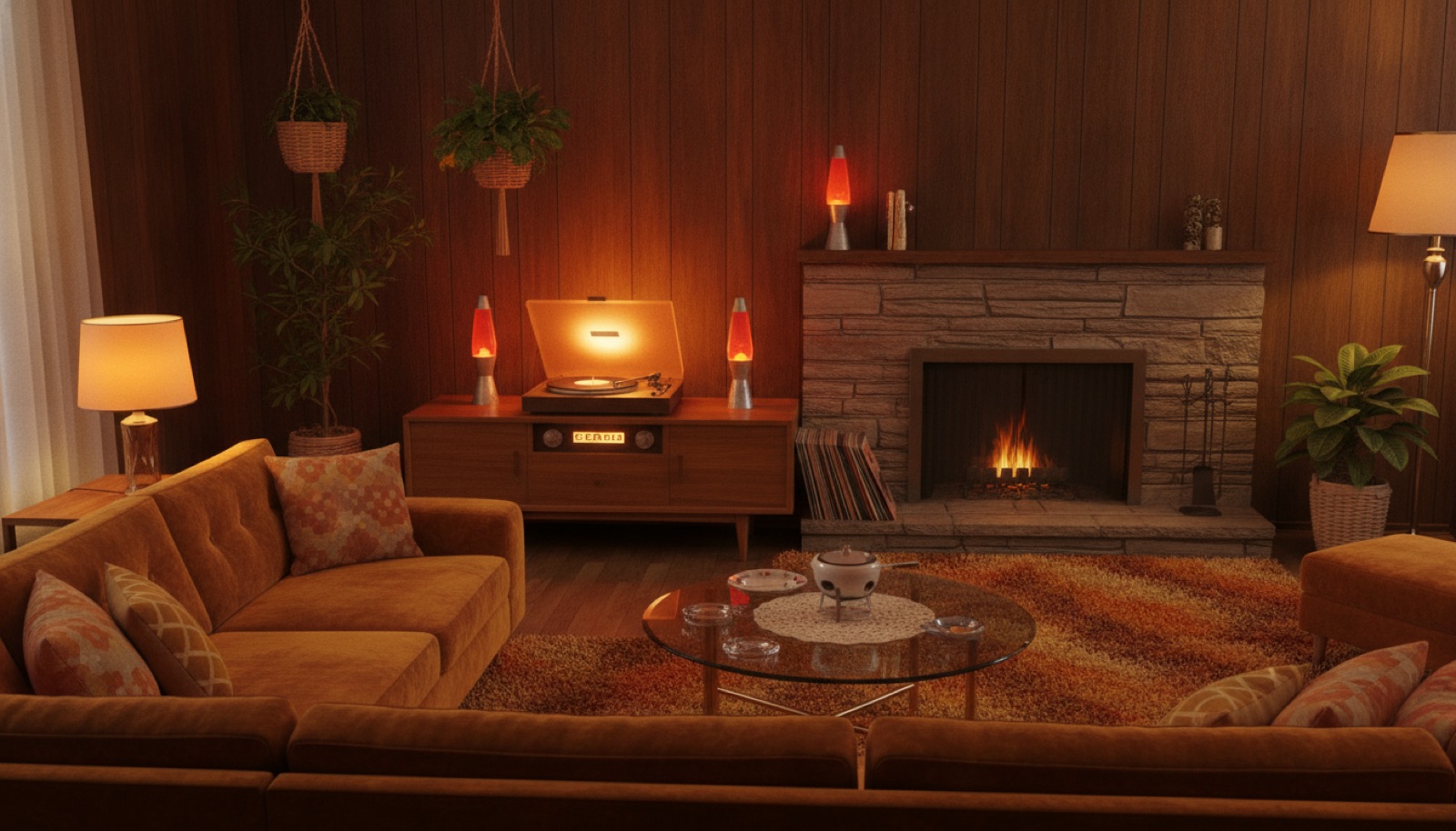 A warm, retro-styled living room interior with vintage furniture and soft lamplight