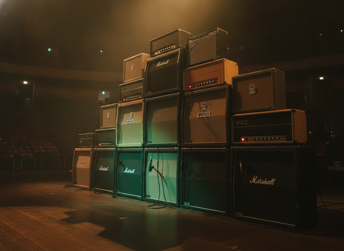 A stacked wall of vintage guitar amplifiers glowing under warm and green stage light