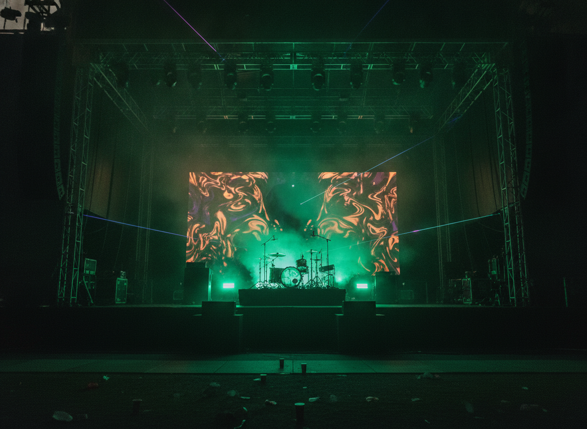 A wide festival stage at night washed in green and orange light with a haze of smoke over an empty riser