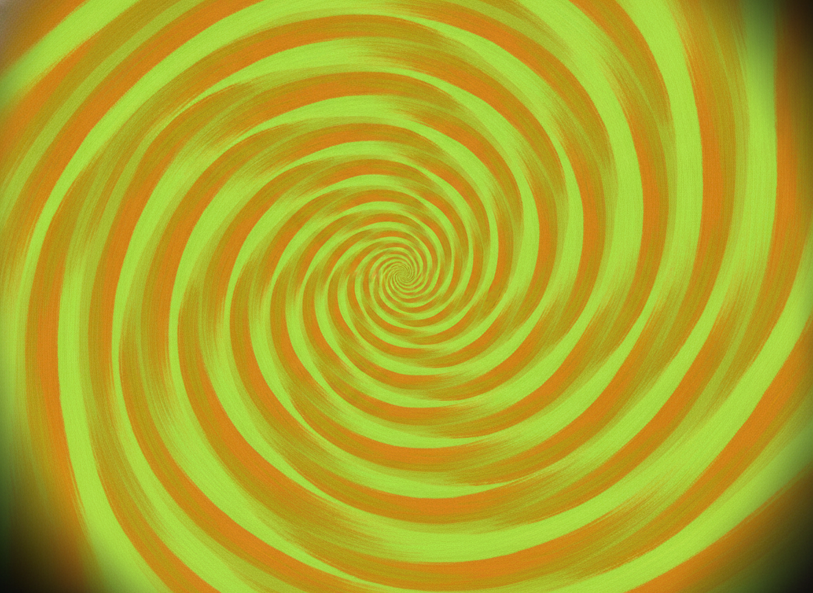 A swirling acid-green and orange psychedelic pattern radiating outward in concentric bands