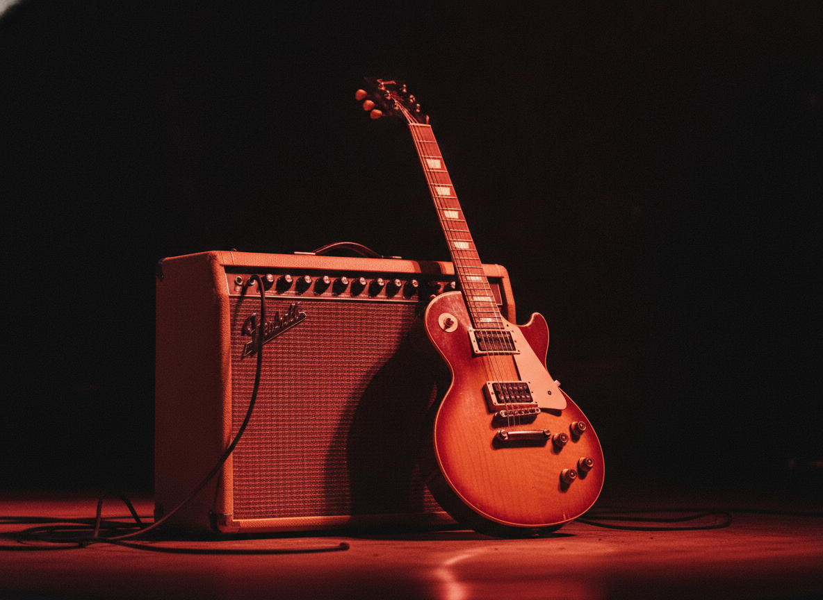 A vintage guitar amplifier and electric guitar bathed in warm red stage light against a dark backdrop