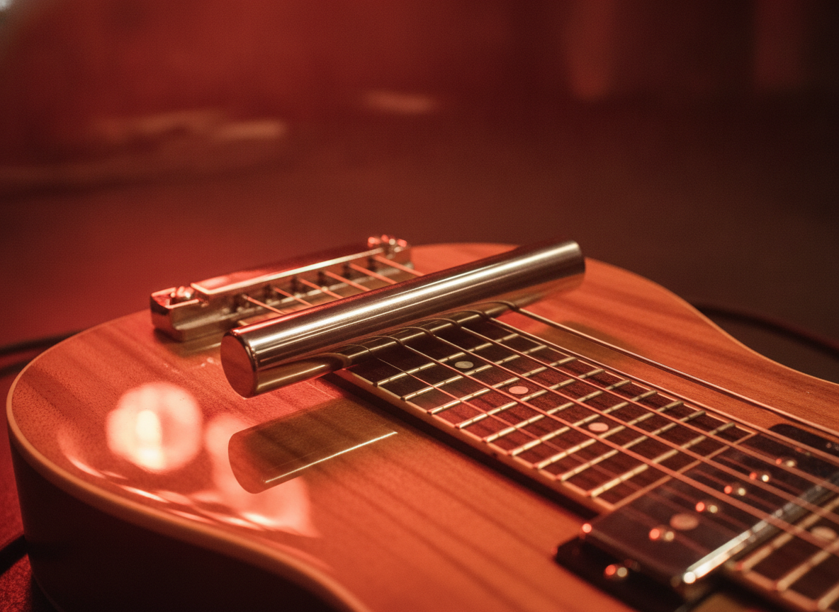 A metal slide resting on the strings of an electric lap steel guitar under warm red stage light