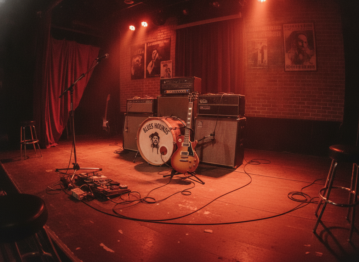 An empty club stage set with amplifiers and a guitar bathed in warm red and gold light