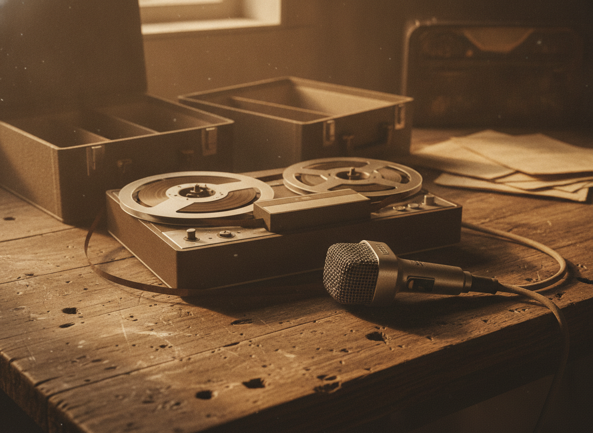 Vintage reel-to-reel recording tape and an old field microphone on a worn wooden table