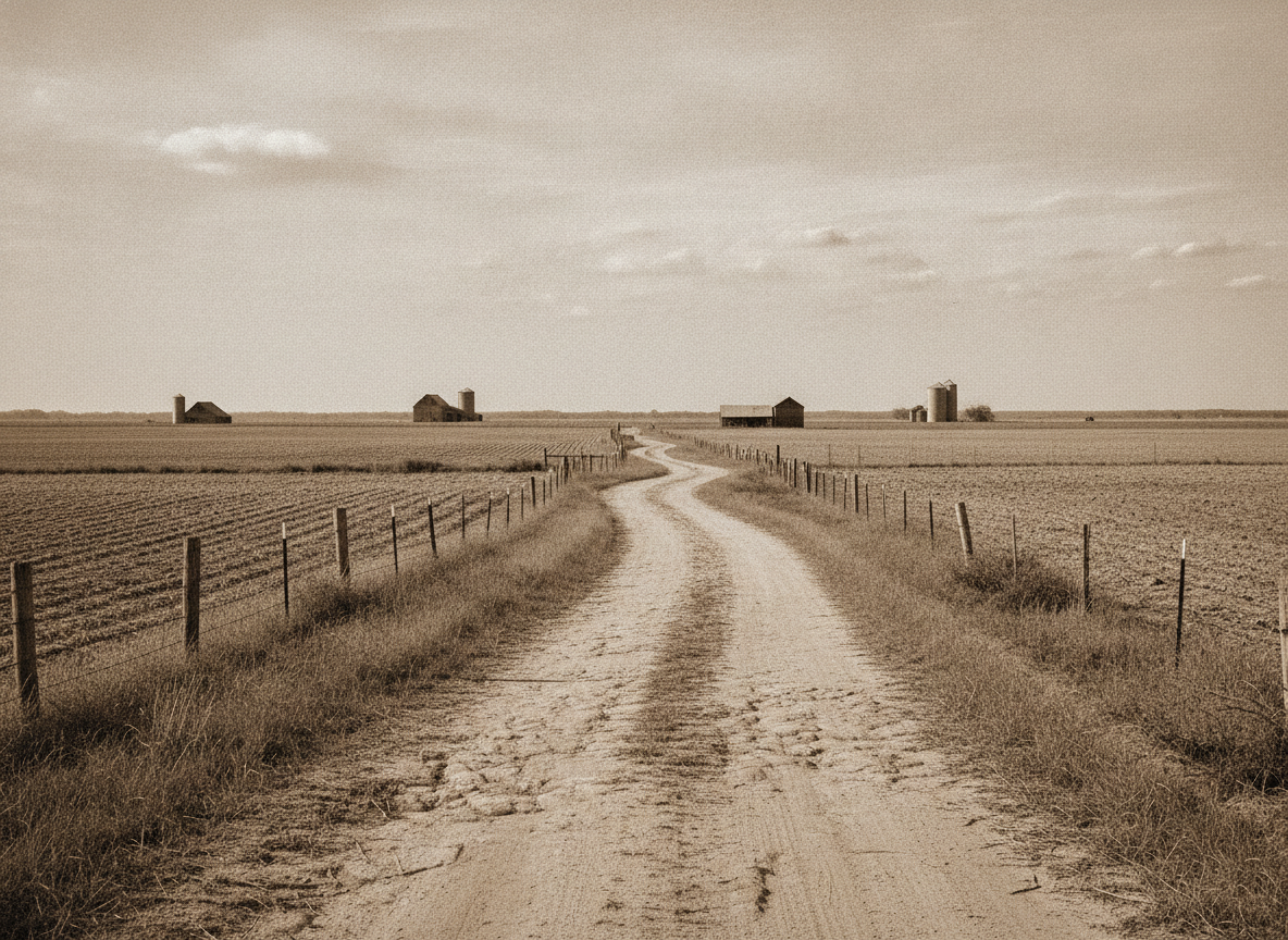 A weathered dirt road running through flat East Texas farmland under a wide pale sky