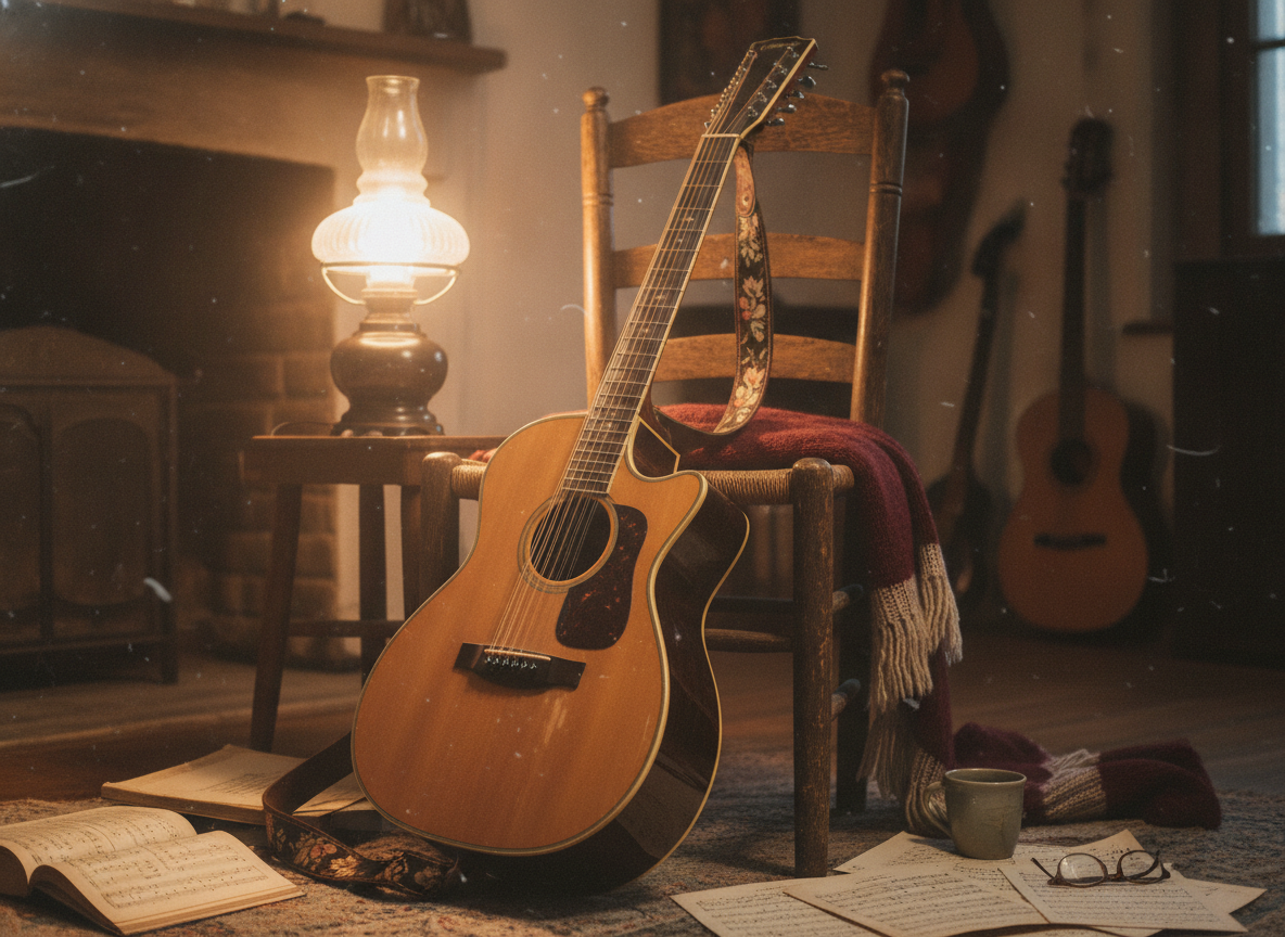 A vintage twelve-string acoustic guitar resting against a wooden chair in warm lamplight