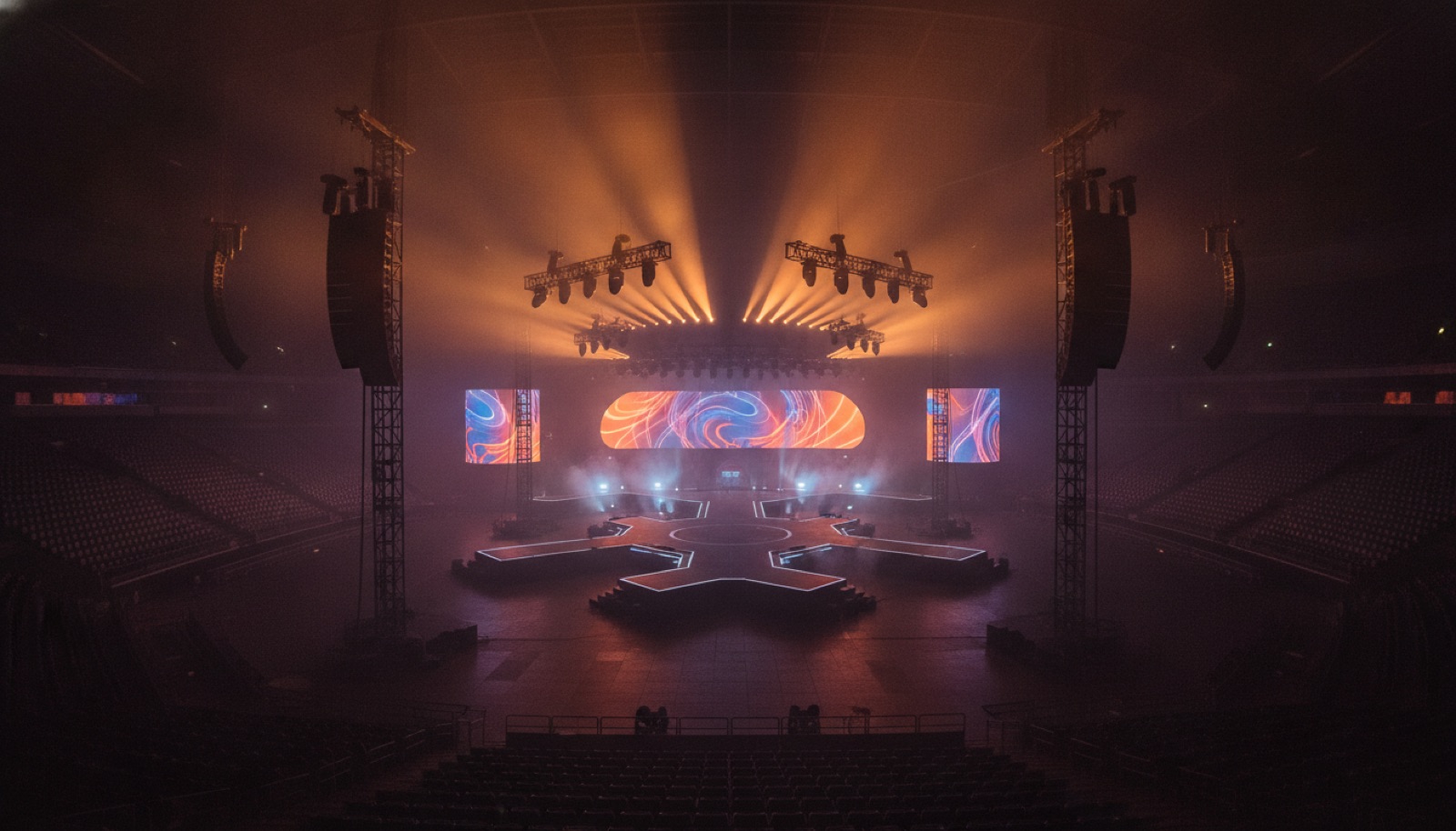 A hard-rock band silhouetted on a smoky stage under a wash of amber and red light