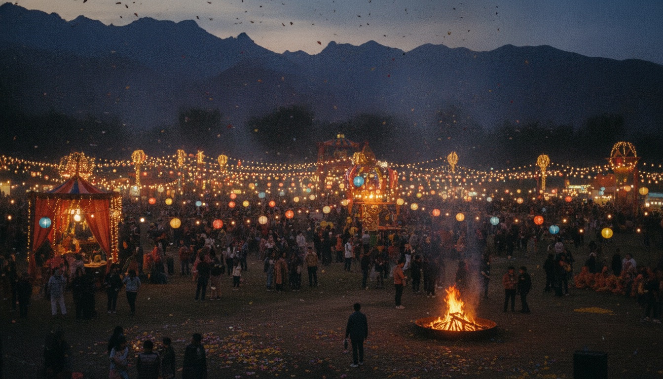 A joyous outdoor festival at dusk with warm colorful lights and a mountain backdrop