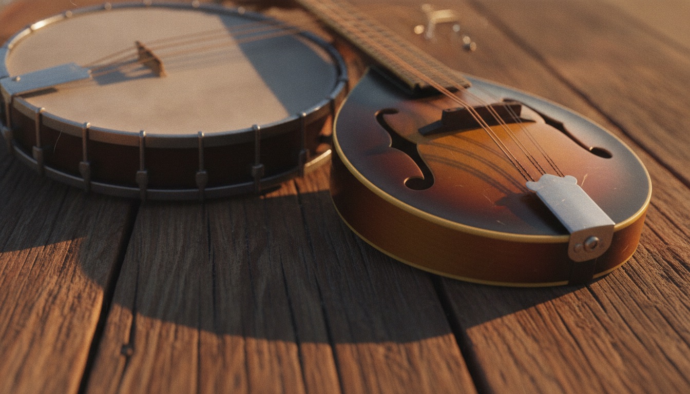 A banjo and a mandolin resting on weathered wood in warm light