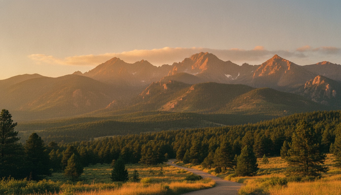 Colorado Front Range mountains near Boulder at golden hour with warm haze and pine
