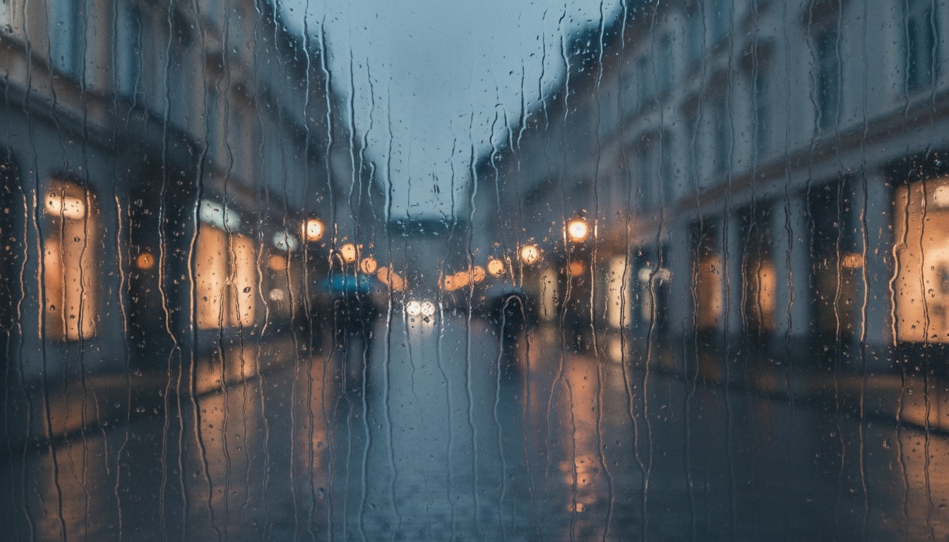 A rain-streaked window at night over a European city street with blue-grey and amber lights, lonesome and poetic