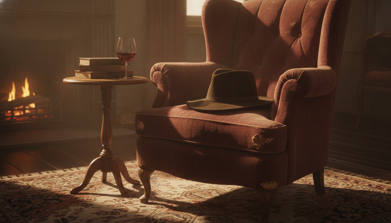 A fedora hat resting on a worn armchair beside a glass of red wine in dim golden light, contemplative