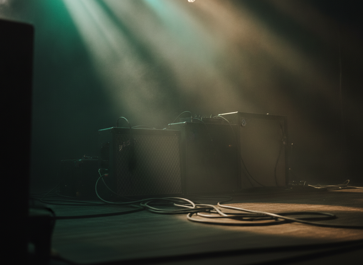 Green and amber stage lights cutting through fog above a bank of amplifiers and cables