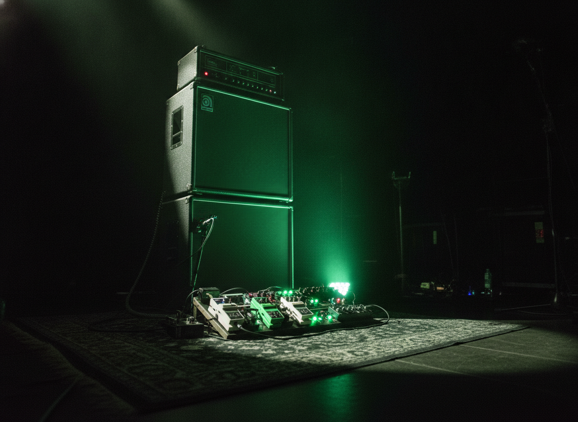 A close view of a bass amplifier stack and pedalboard glowing under low green stage light