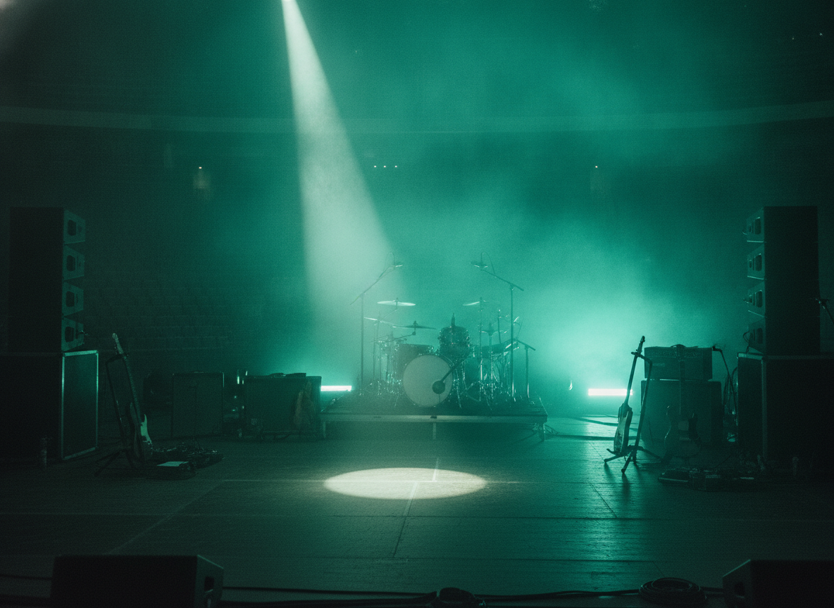 A dark concert stage washed in deep teal-green light with a haze of fog and a single spotlight beam