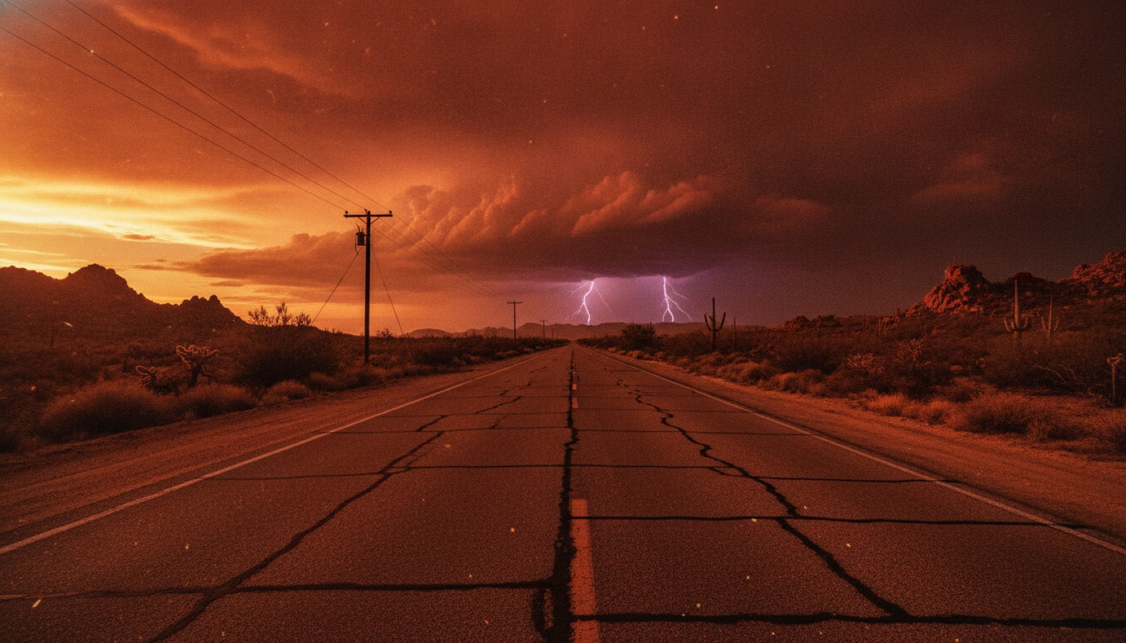 A lonely desert highway at dusk under a dusty amber and red sky