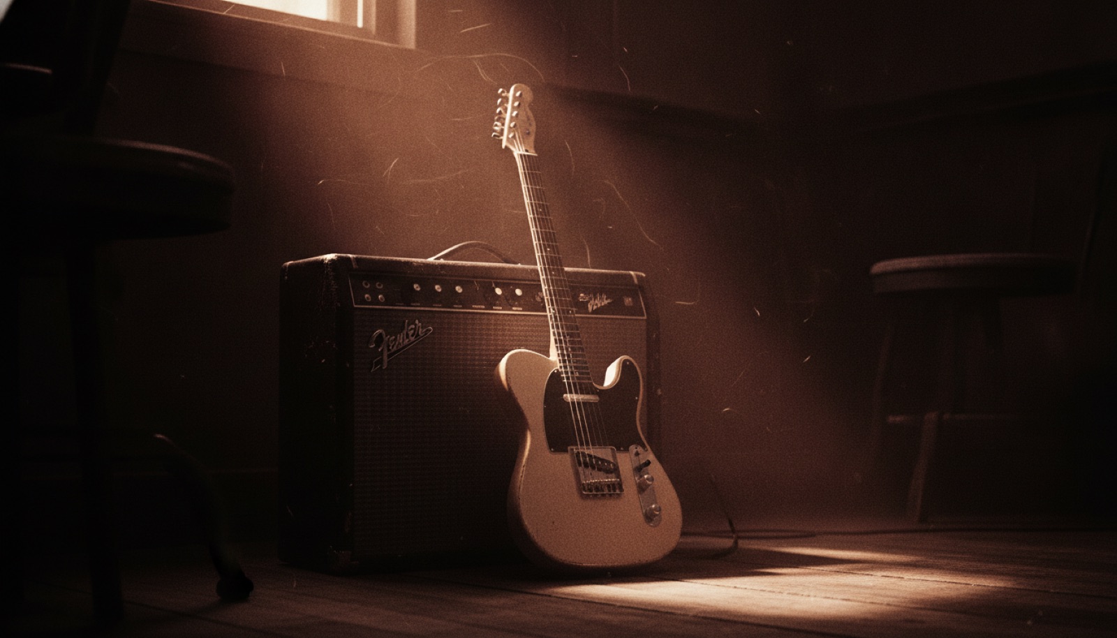 A vintage electric guitar leaning against a cranked amplifier in a dark room