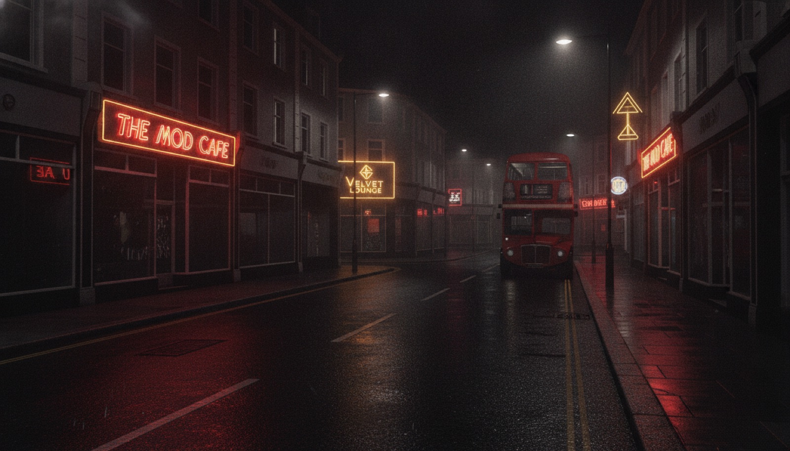 A rain-slick London street at night lit by red and amber neon