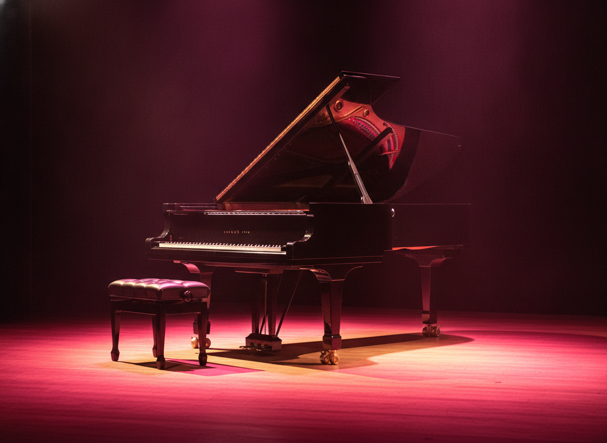 A grand piano lit by hot pink and gold stage light against a near-black backdrop