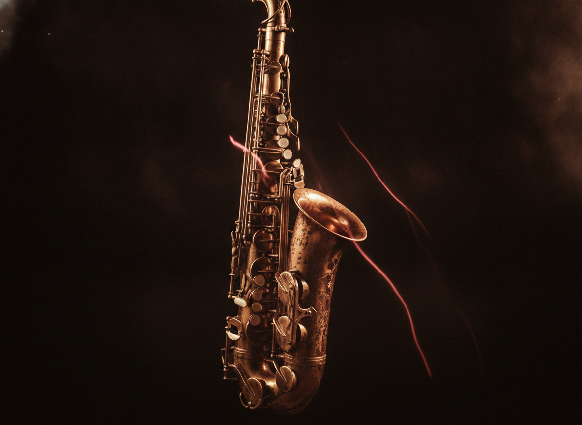 A vintage saxophone catching hot pink and gold light against a dark hazy backdrop