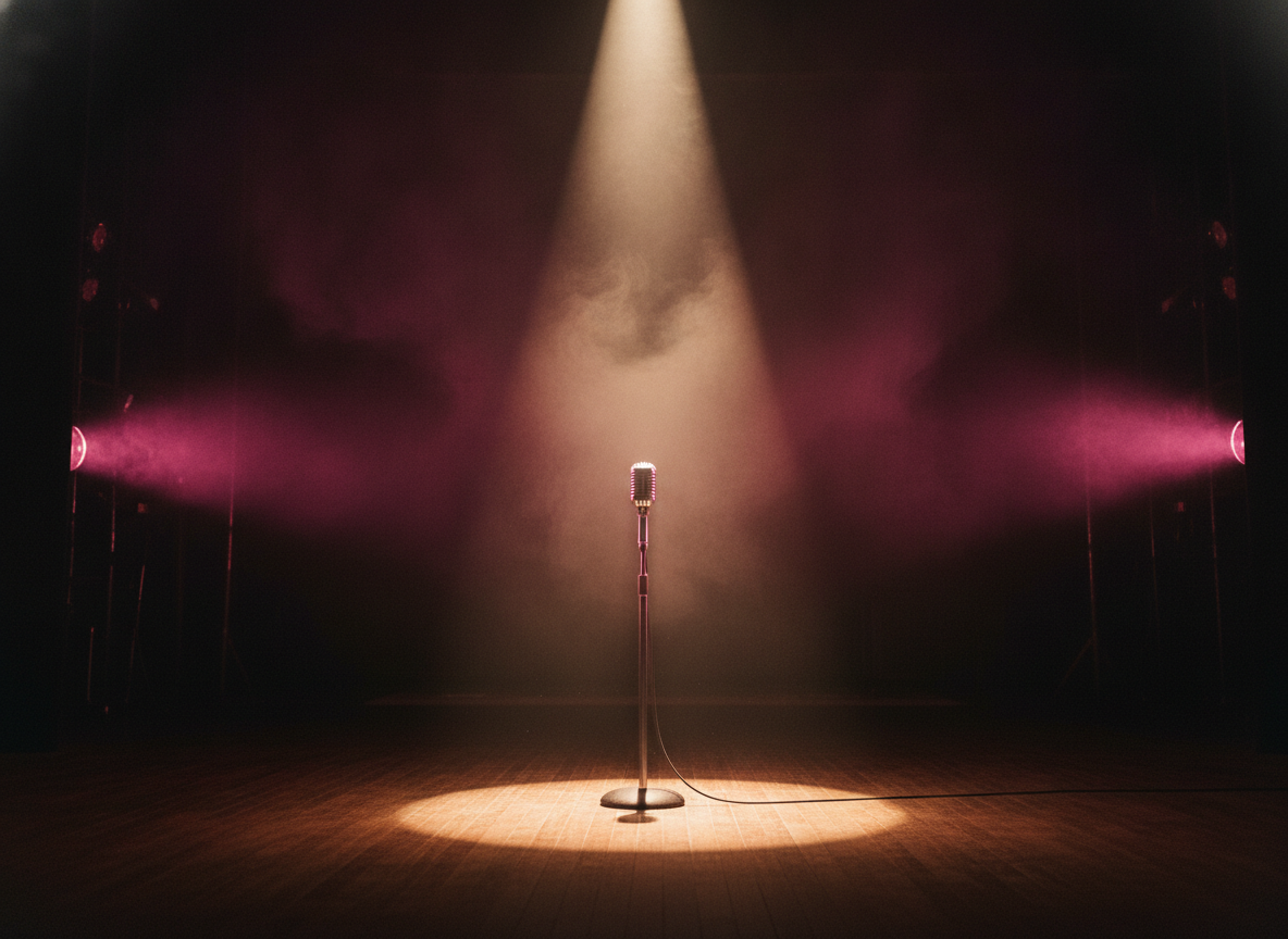 An empty stage microphone under a single hot spotlight with pink and gold haze