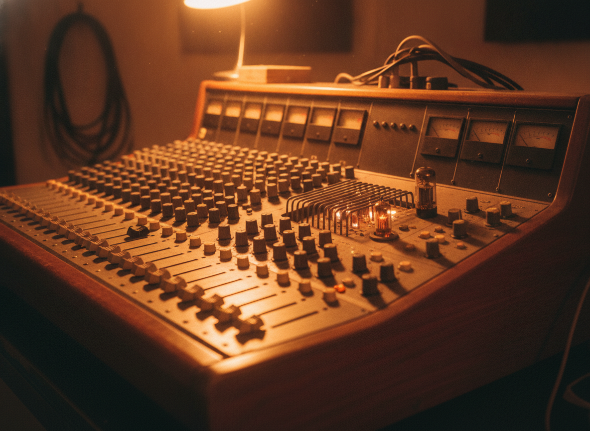 A warm-lit vintage mixing console with faders and knobs glowing under amber studio light