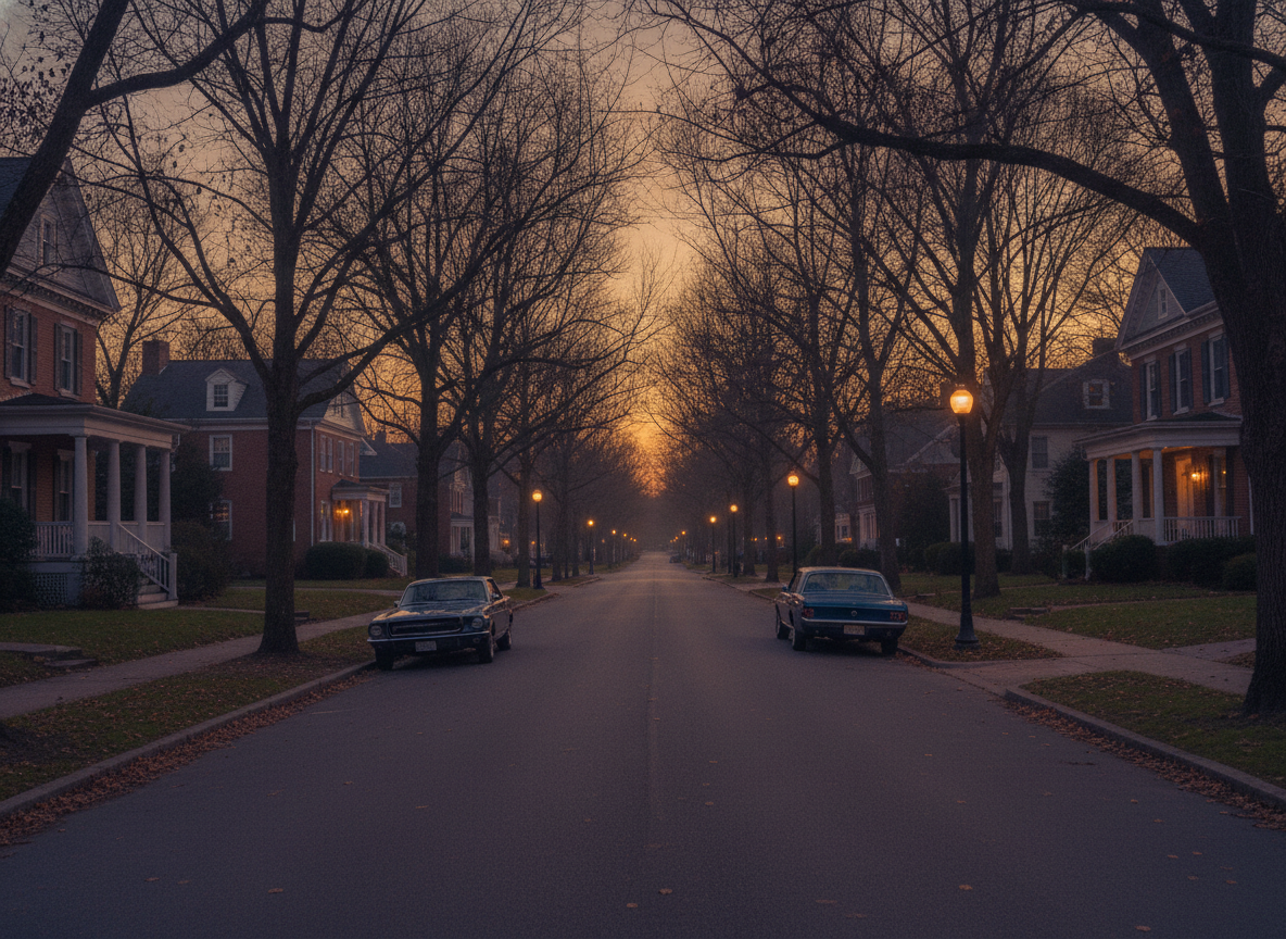 A quiet residential street in a small Virginia town at warm dusk with long shadows and bare trees